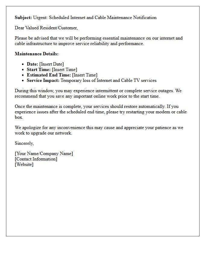 Scheduled Internet and Cable Maintenance Notification Letter