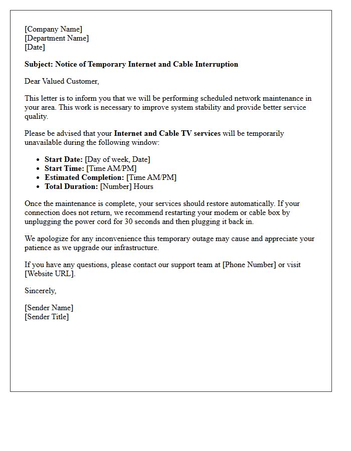 Temporary Internet and Cable Interruption Letter