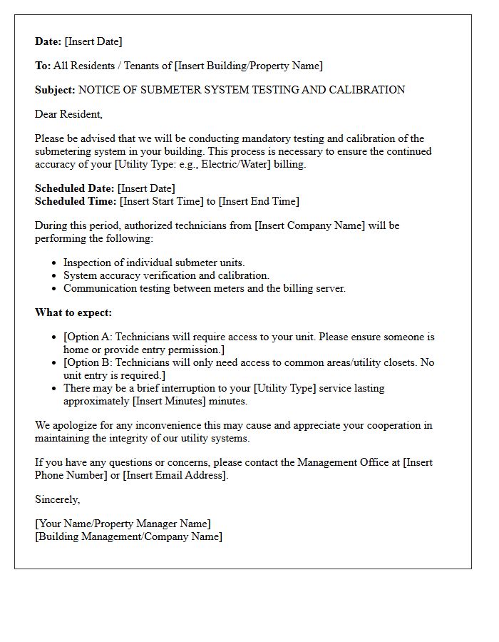 Submeter System Testing And Calibration Notice Letter