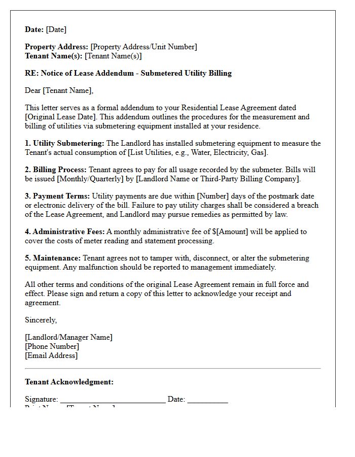 Submetered Utility Billing Lease Addendum Letter