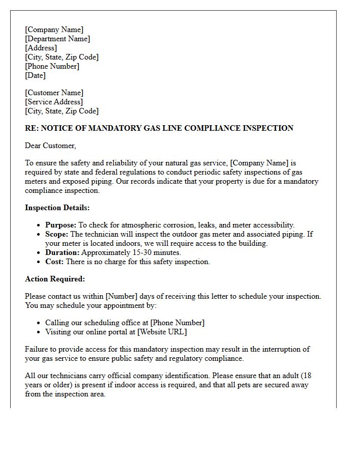 Utility Gas Line Compliance and Inspection Letter