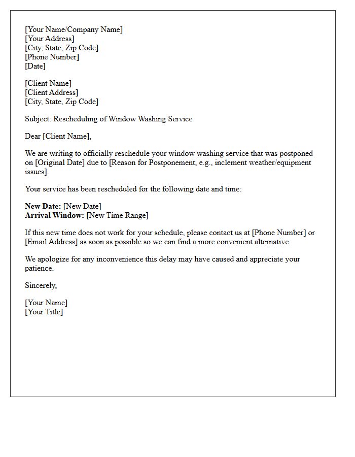 Postponed Window Washing Reschedule Letter