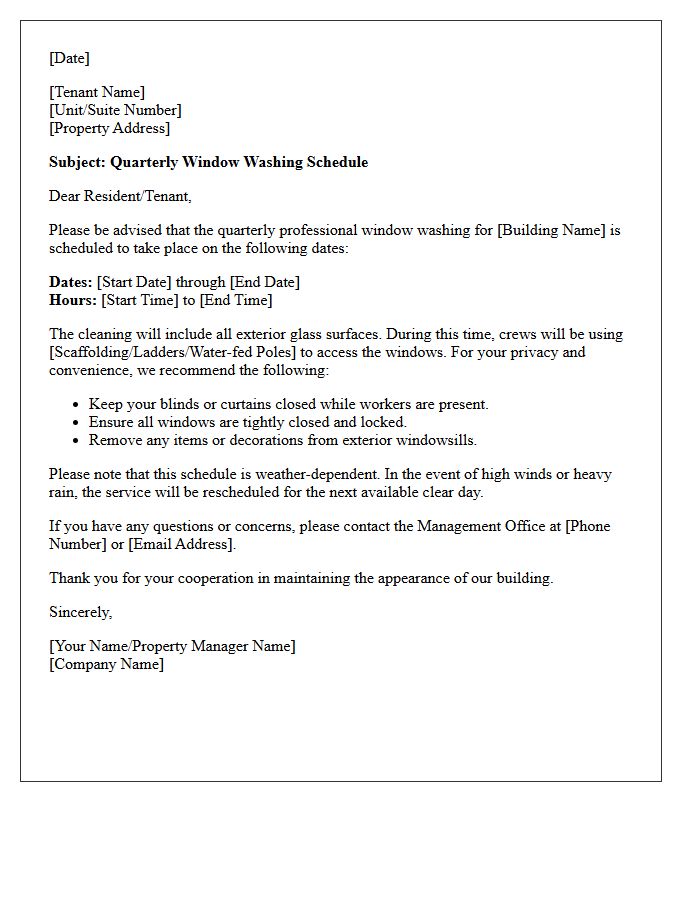 Quarterly Window Washing Schedule Letter