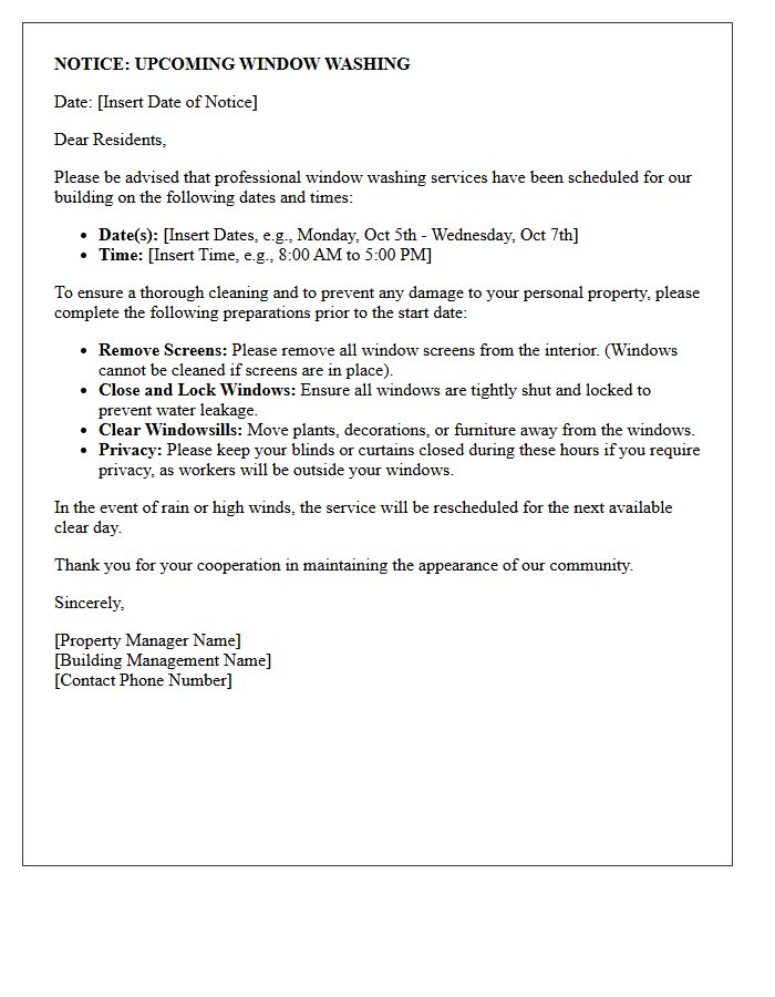 Resident Window Washing Preparation Letter