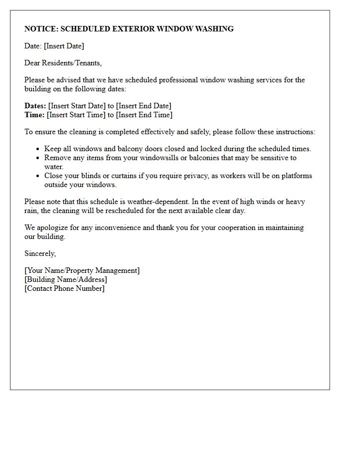 Scheduled Window Washing Notice Letter