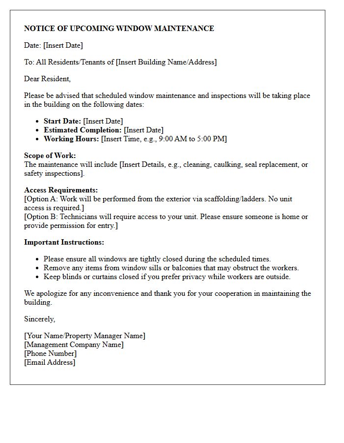 Upcoming Window Maintenance Notice Letter