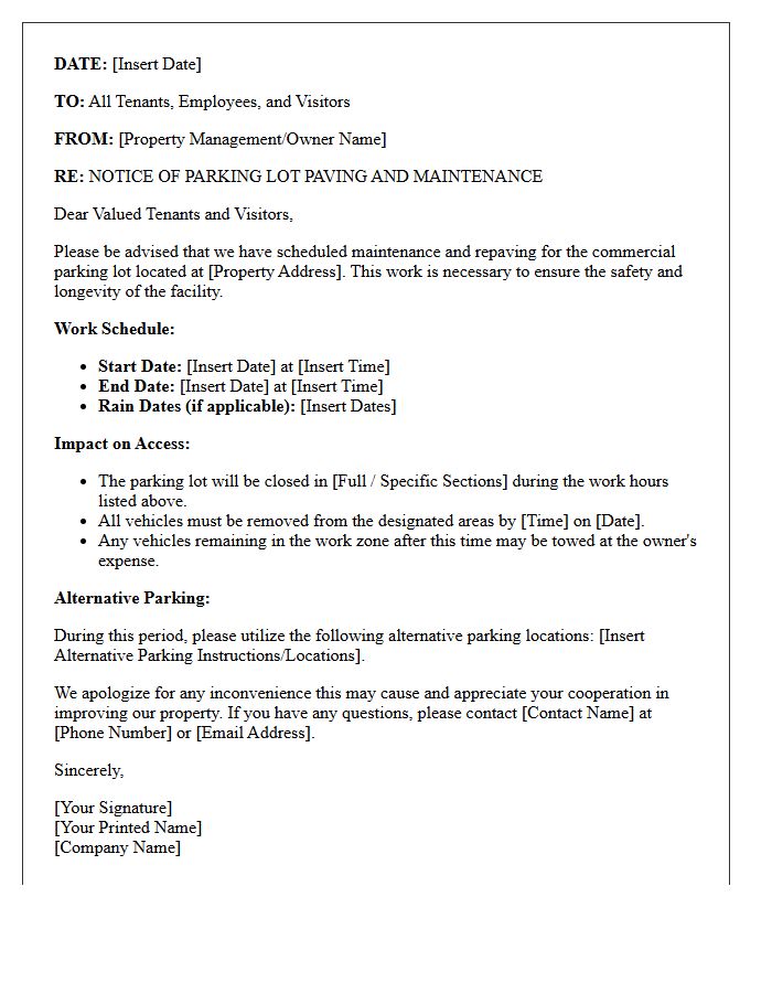 Commercial Property Parking Lot Paving Notice Letter