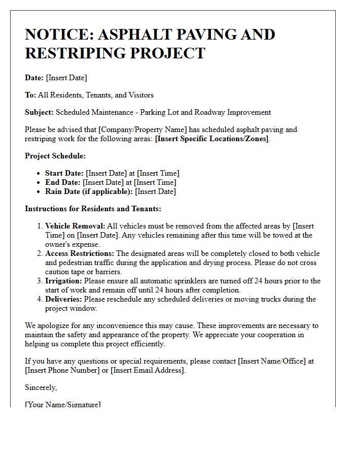 Letter of Notice for Asphalt Paving and Restriping Project
