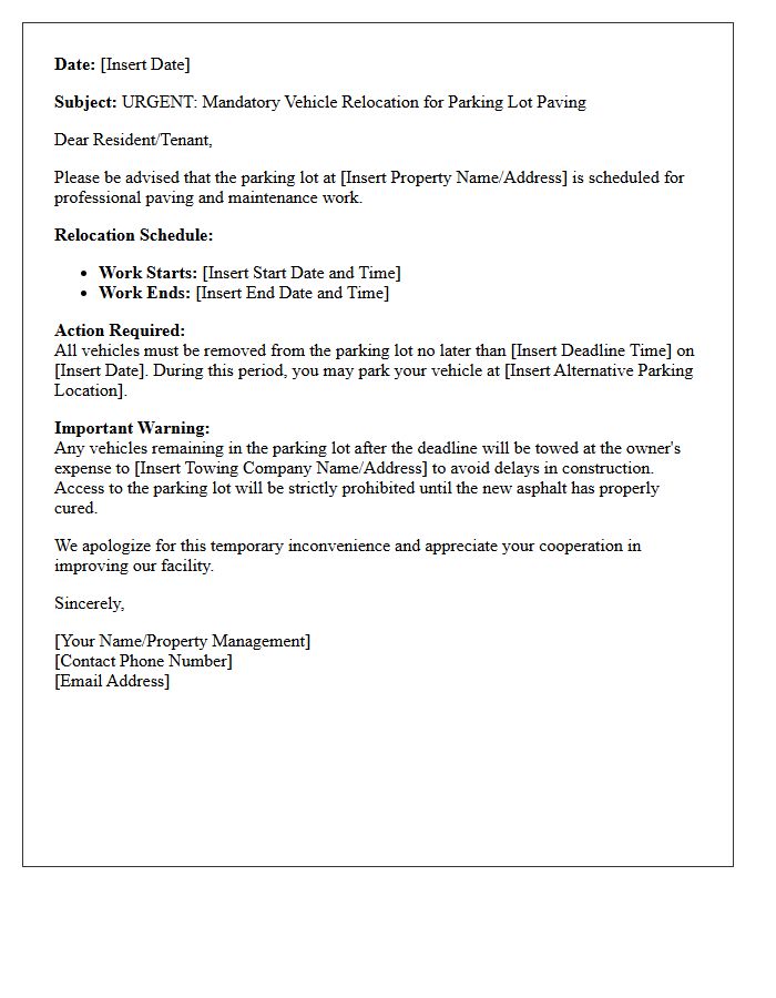 Mandatory Vehicle Relocation Letter for Parking Lot Paving