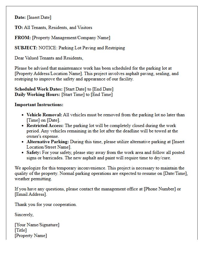 Notice of Parking Lot Paving and Restriping Letter