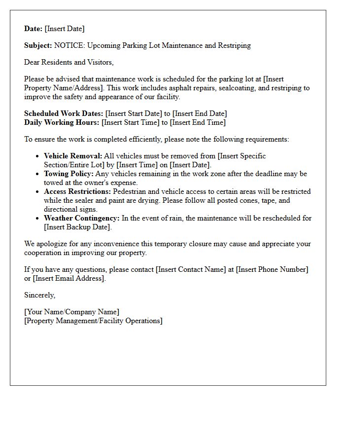 Parking Lot Maintenance and Restriping Informational Letter