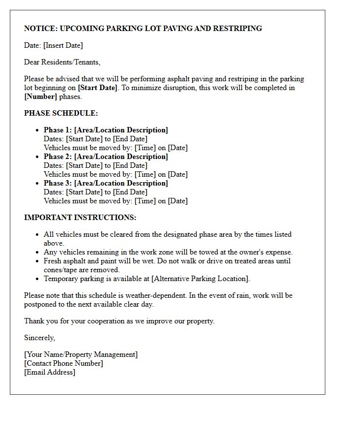 Phased Parking Lot Paving and Restriping Notice Letter