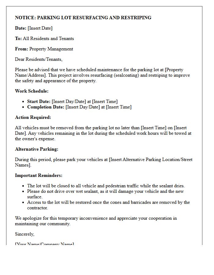 Property Management Letter Regarding Parking Lot Resurfacing and Restriping