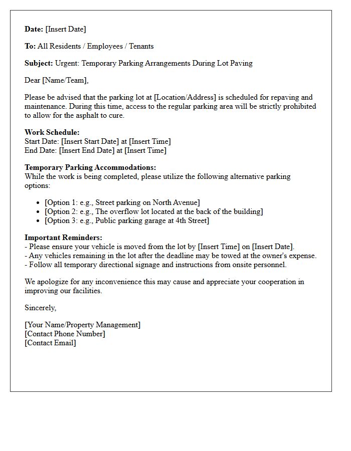 Temporary Parking Accommodations Letter During Lot Paving