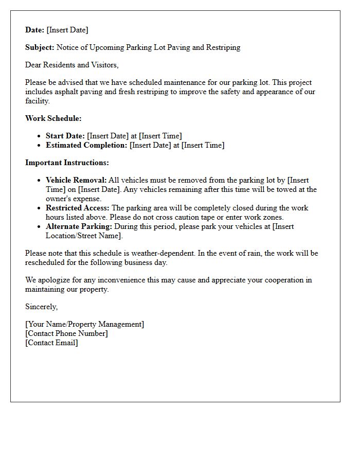 Upcoming Parking Lot Paving and Restriping Schedule Letter