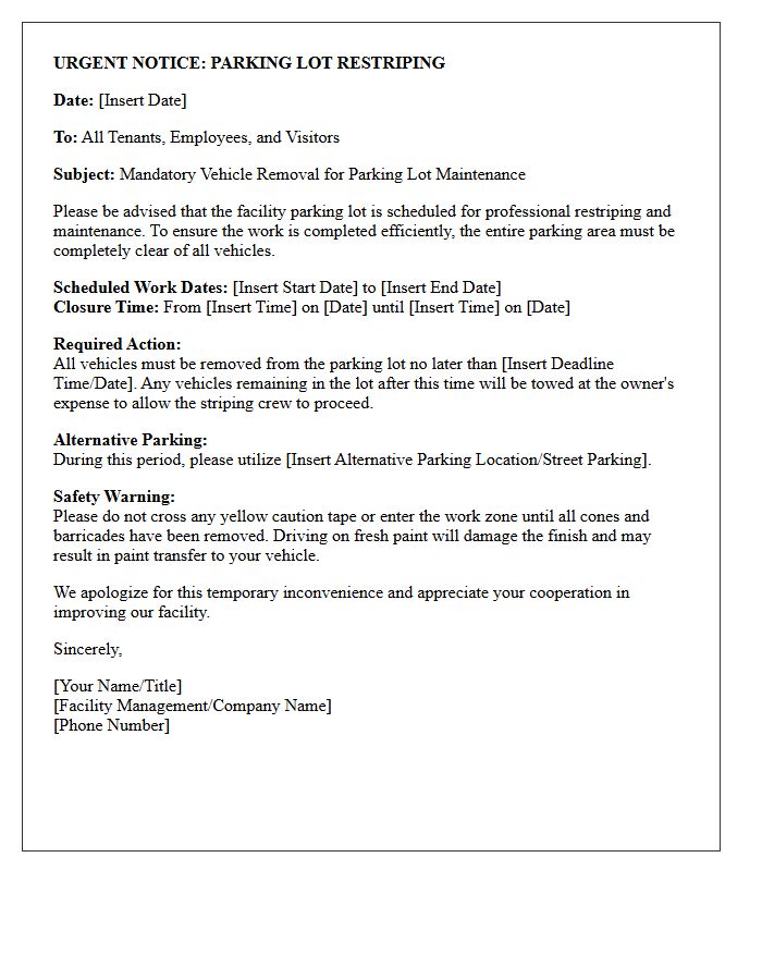 Urgent Notice Letter for Facility Parking Lot Restriping