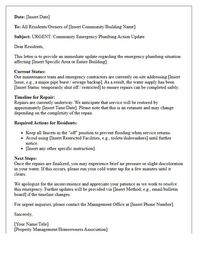 Community Emergency Plumbing Action Update Letter