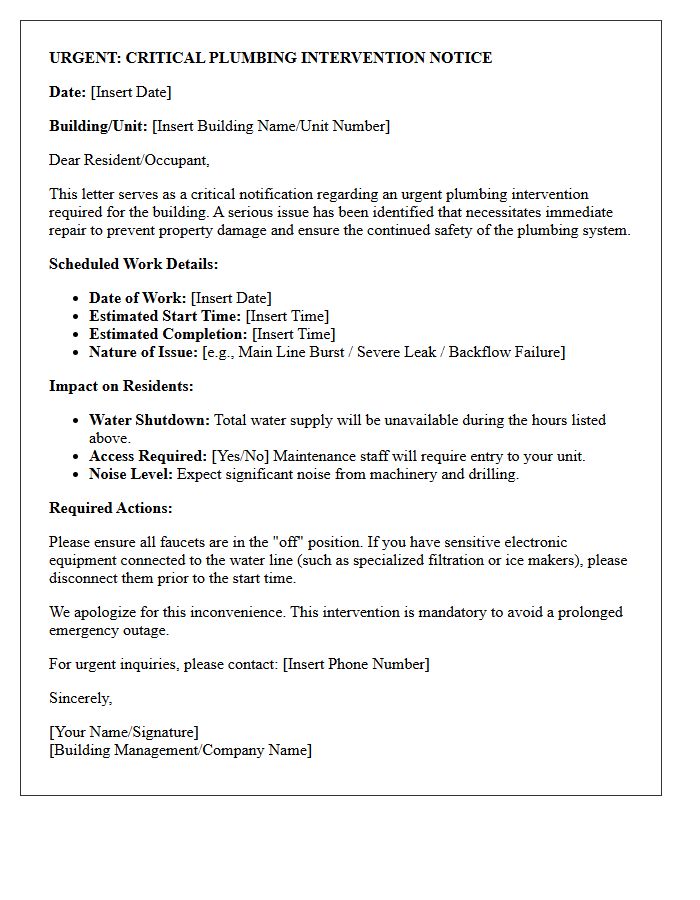Critical Building Plumbing Intervention Alert Letter