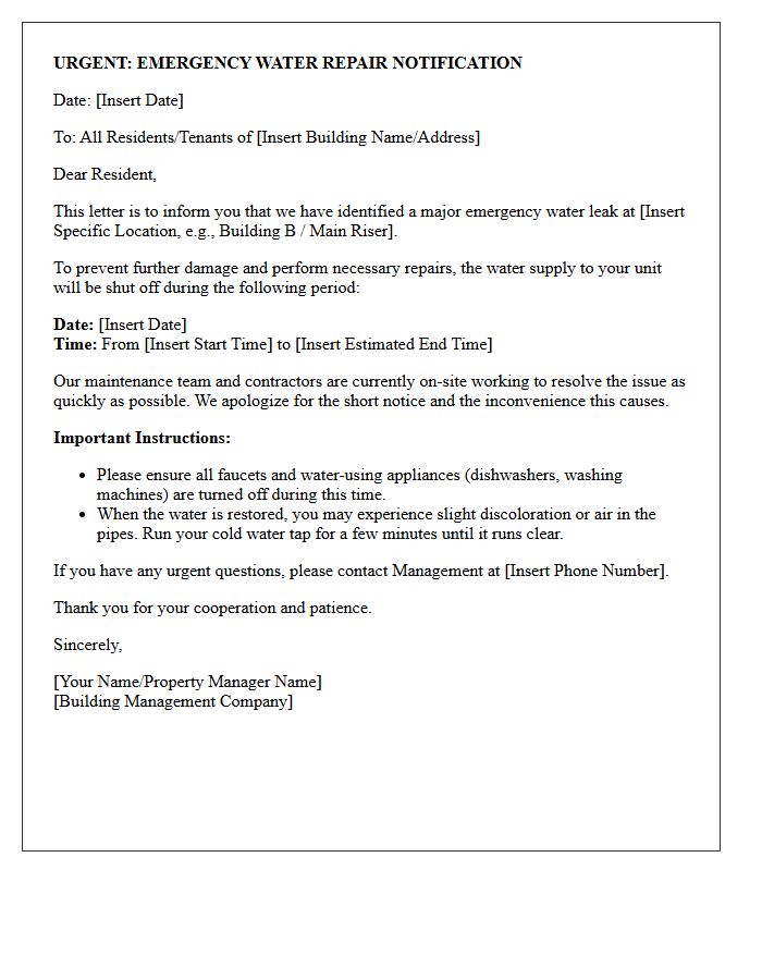Emergency Water Leak Repair Notification Letter
