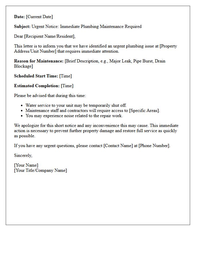 Immediate Plumbing Maintenance Notification Letter