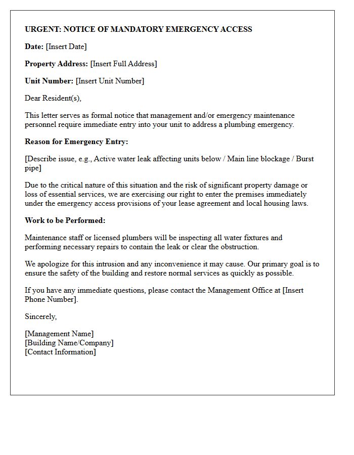 Mandatory Emergency Plumbing Access Notice Letter