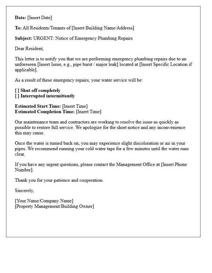 Notice of Emergency Plumbing Repairs Letter