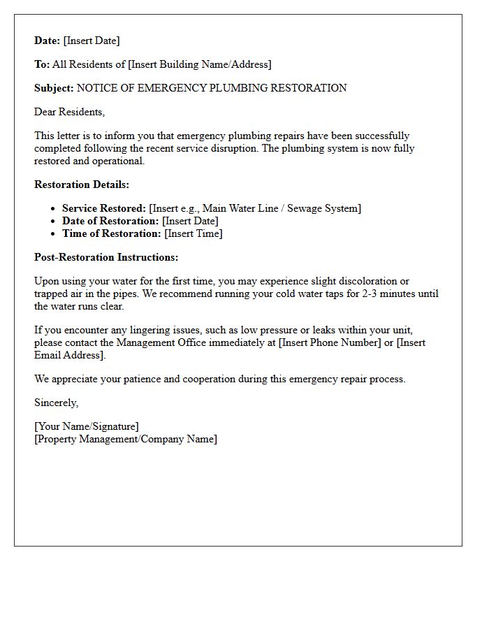 Residential Emergency Plumbing Restoration Notice Letter