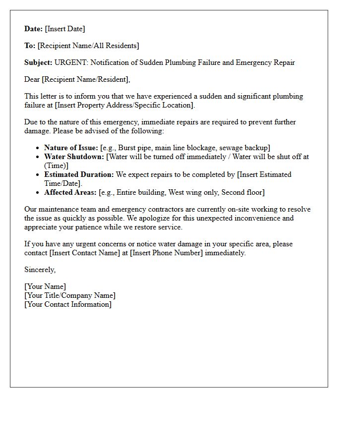 Sudden Plumbing Failure and Repair Alert Letter