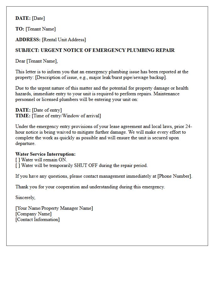 Tenant Notice for Emergency Plumbing Services Letter