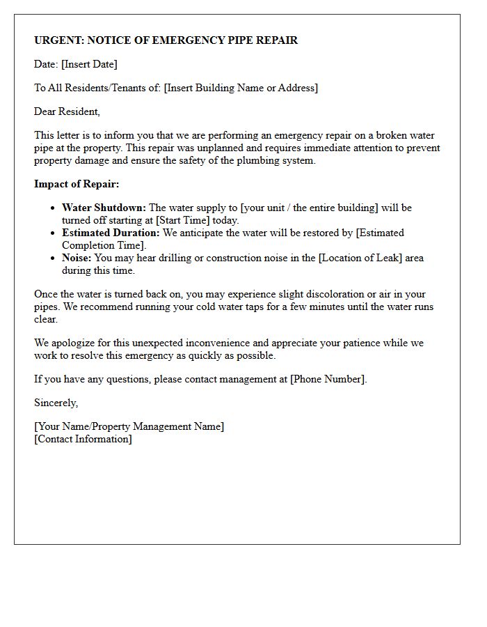 Unplanned Emergency Pipe Repair Notice Letter