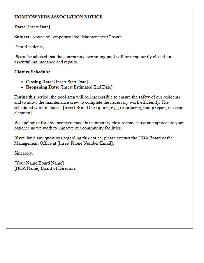 Homeowners Association Notice Letter for Temporary Pool Maintenance Closure