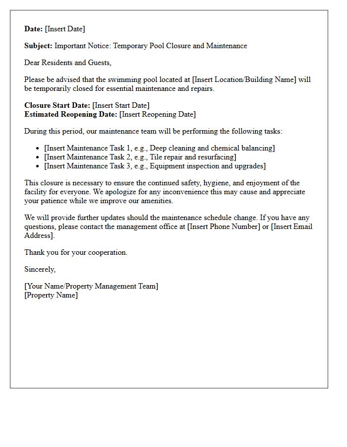 Important Letter Concerning Temporary Pool Closure and Maintenance
