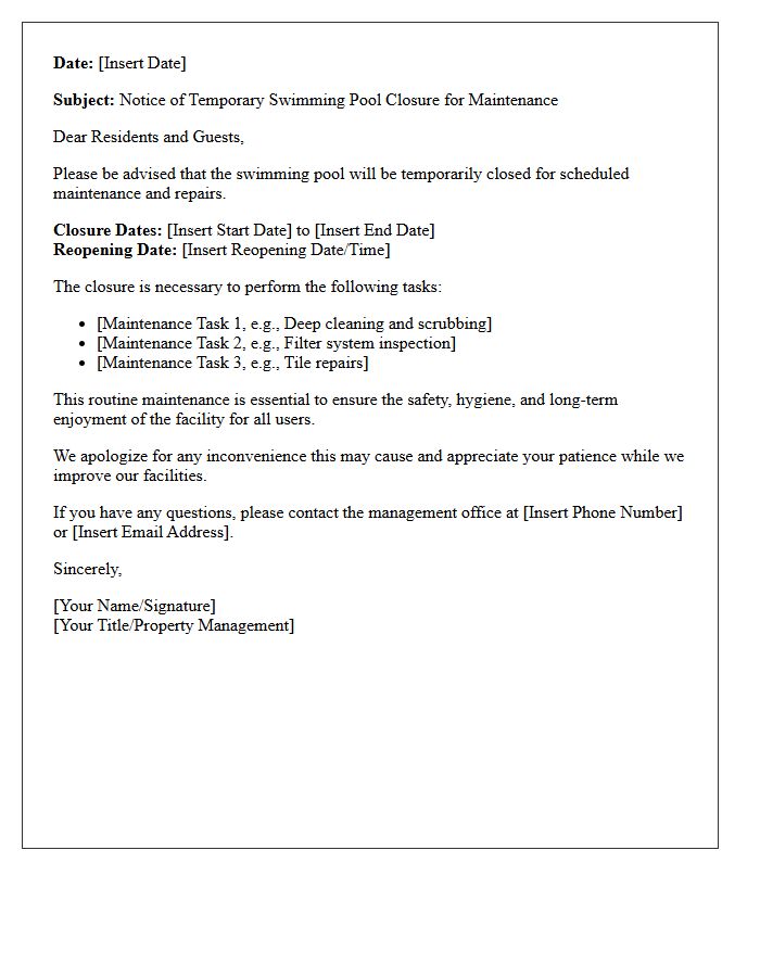 Informational Letter on Temporary Swimming Pool Closure for Maintenance