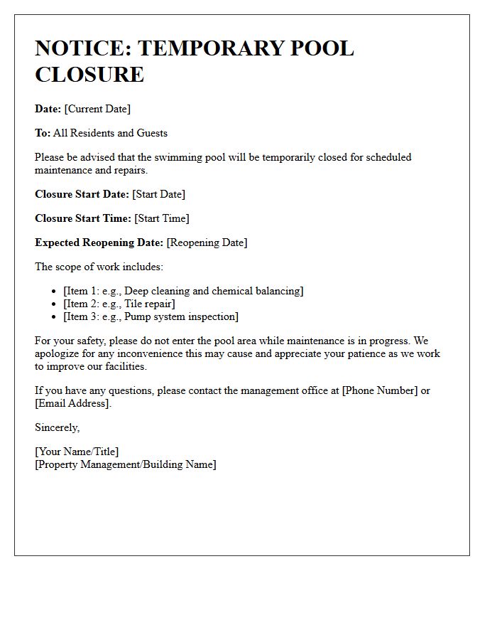 Notice Letter of Temporary Pool Closure for Scheduled Maintenance
