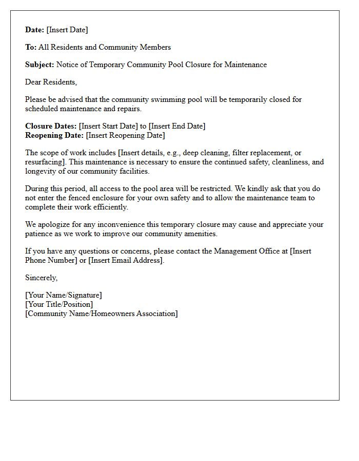 Official Letter for Temporary Community Pool Maintenance Closure