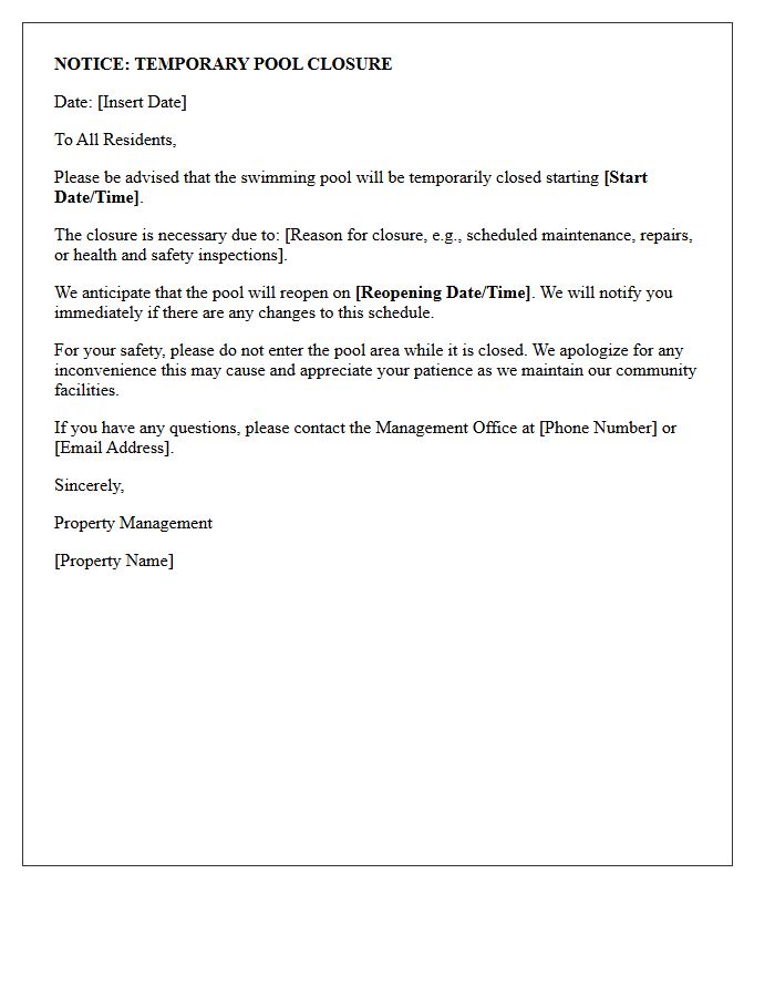 Property Management Letter Detailing Temporary Pool Closure