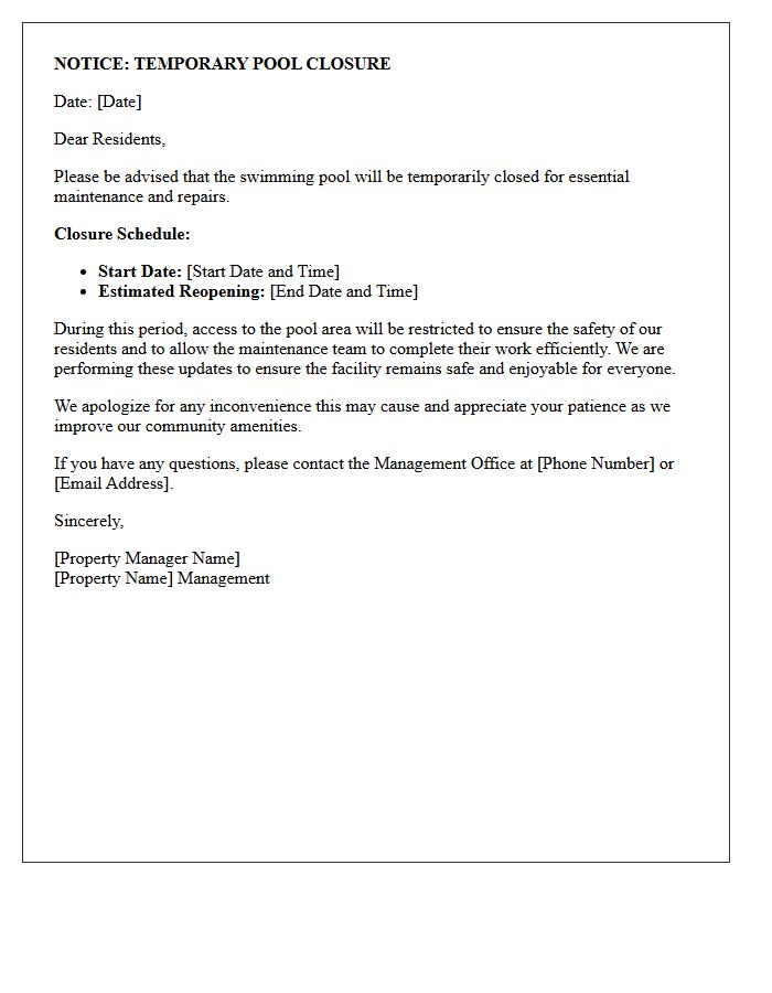 Property Management Letter Regarding Temporary Pool Maintenance Closure