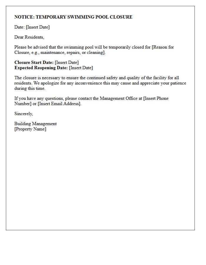 Resident Notice Letter for Temporary Swimming Pool Closure