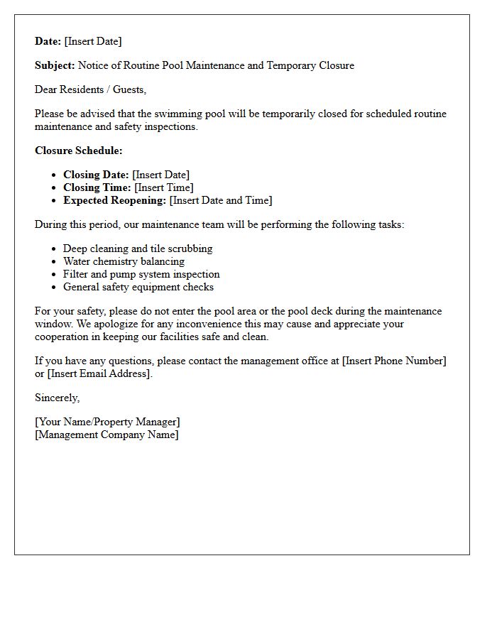 Routine Pool Maintenance and Temporary Closure Notice Letter