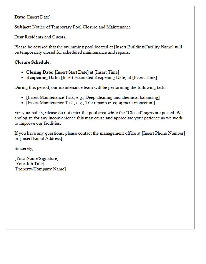Temporary Pool Closure and Maintenance Notice Letter