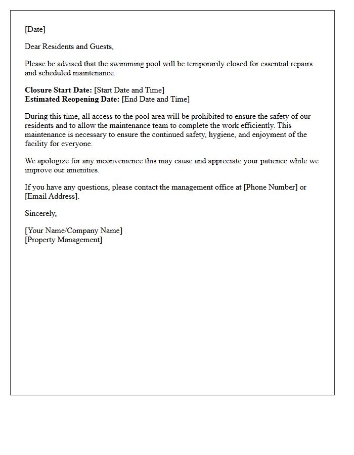 Temporary Pool Repair and Maintenance Closure Letter