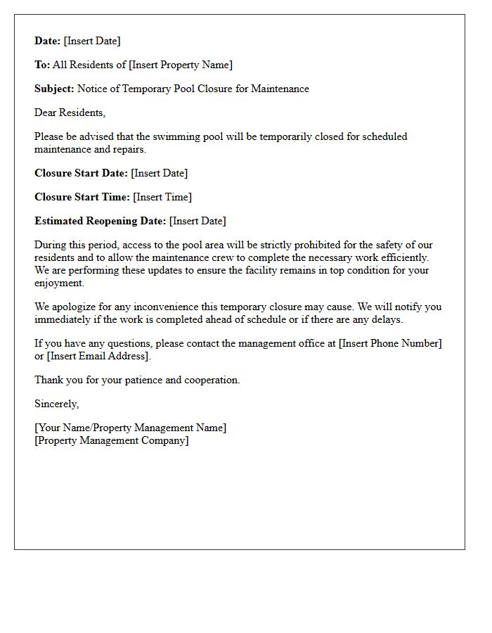 Tenant Notification Letter for Temporary Pool Maintenance Closure