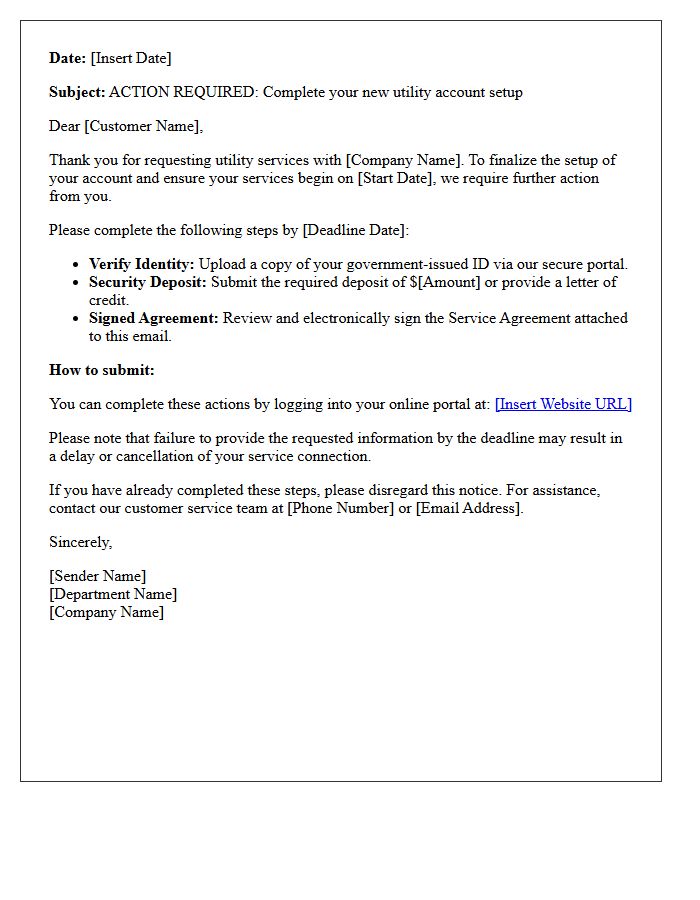Action Required Letter for New Utility Account Setup