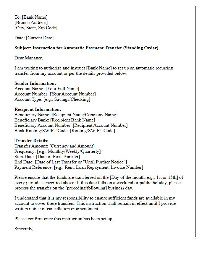 Automatic Payment Transfer Instruction Letter