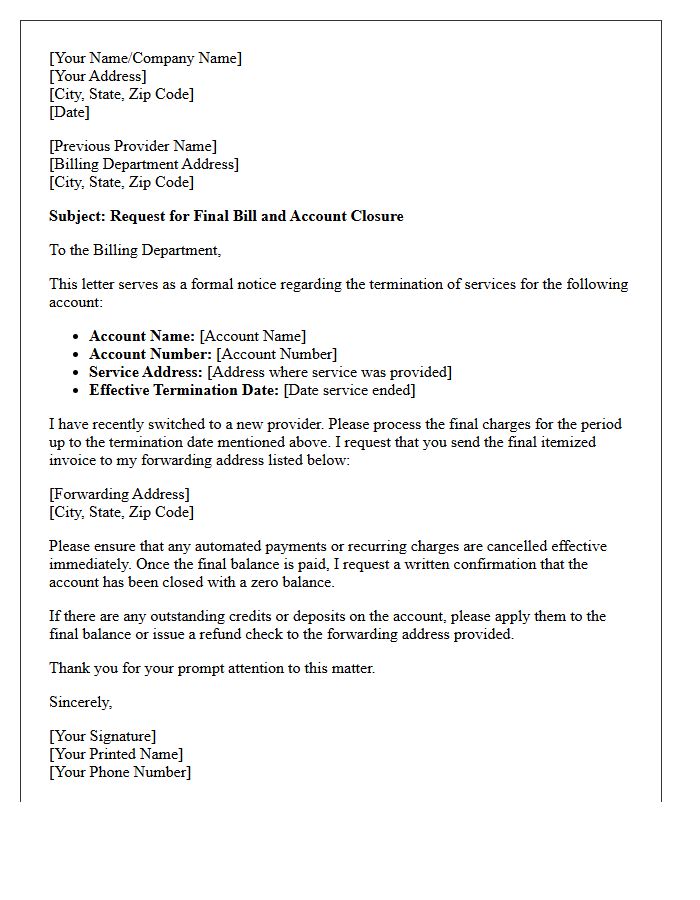 Notice Letter of Final Billing from the Previous Provider