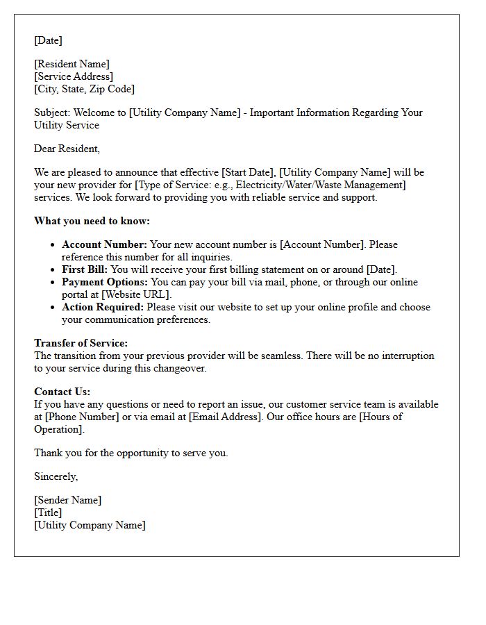 Resident Welcome Letter from the New Utility Provider