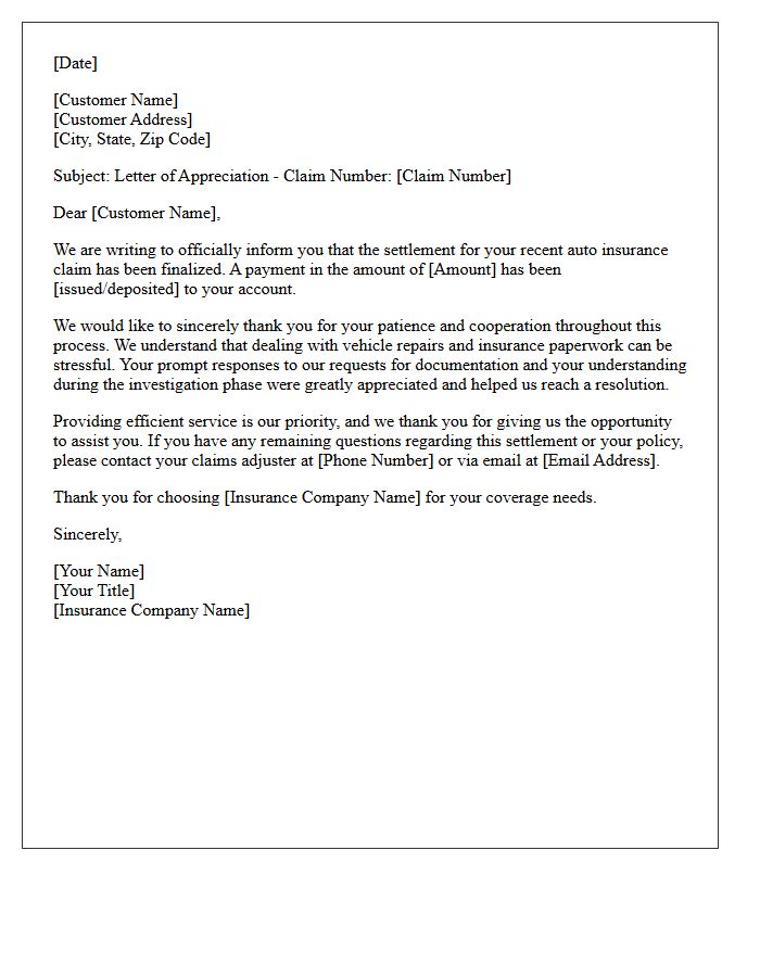 Letter of Appreciation for Your Patience During the Auto Insurance Claim Settlement