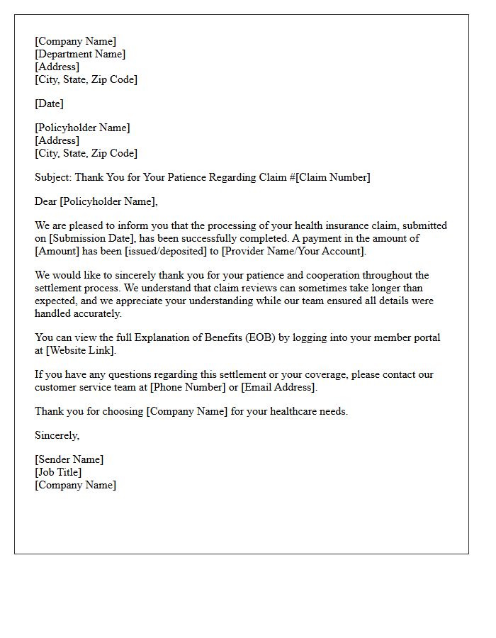 Thank You Letter for Your Patience During the Health Insurance Claim Settlement Process