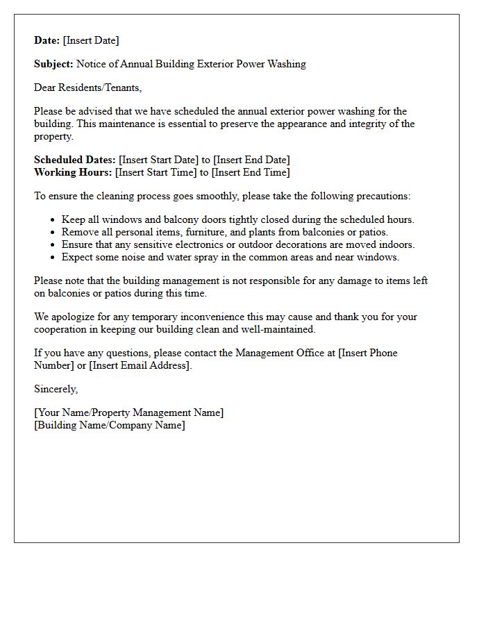 Annual Building Exterior Power Washing Maintenance Letter