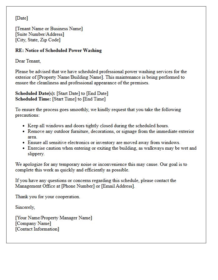 Commercial Property Power Washing Schedule Notice Letter